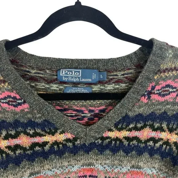 Polo Ralph Lauren Lambswool Alpaca Jacquard Fair Isle V Neck Sweater Green VTG L - Picture 4 of 9